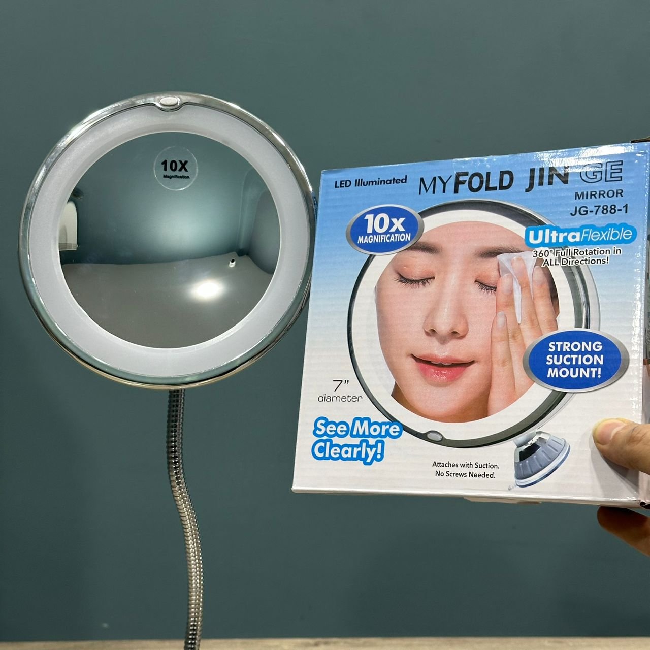 MIROIR GROSSISSANT MY FOLD JIN GE JG-788 AUTO ZOME X10 LUMINEUX AVEC PILES ROTATION 360 17.75 CM CHROME